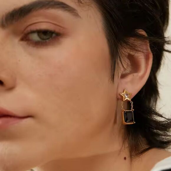 New Stunning 18k Gold Ss and Black Cubic Zircona Star Drop Earrings - Picture 2 of 9